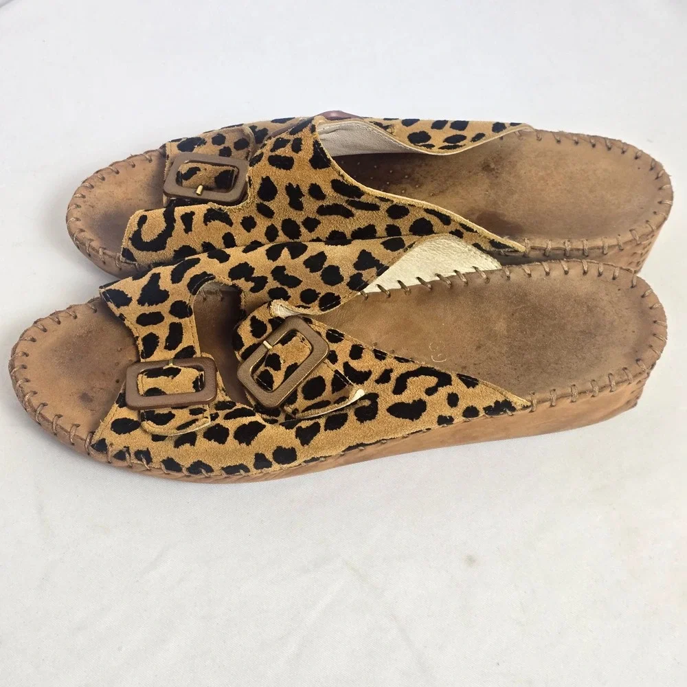 La Plume Leopard Print Double Buckle Platform Slide Sandals Tan Brown  Print 39